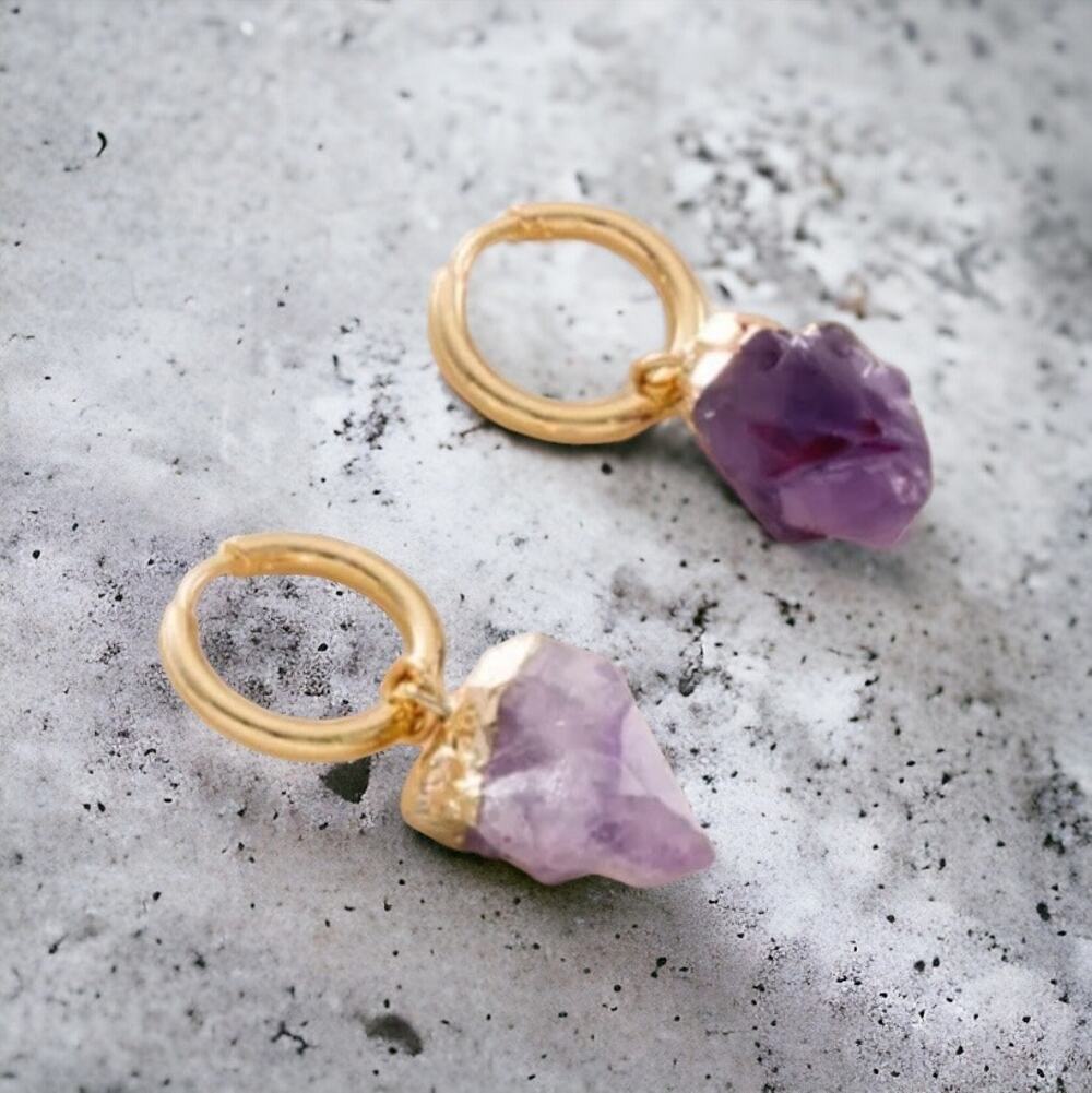 NEW 18K gold plated raw purple amethyst dangle drop stone earrings jewelry B26A